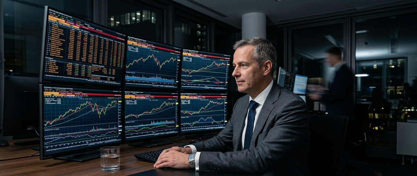 Aktienanalyse Jemand betrachtet ein Tablet mit einem Finanzmarkt-Diagramm und Handelsinformationen.