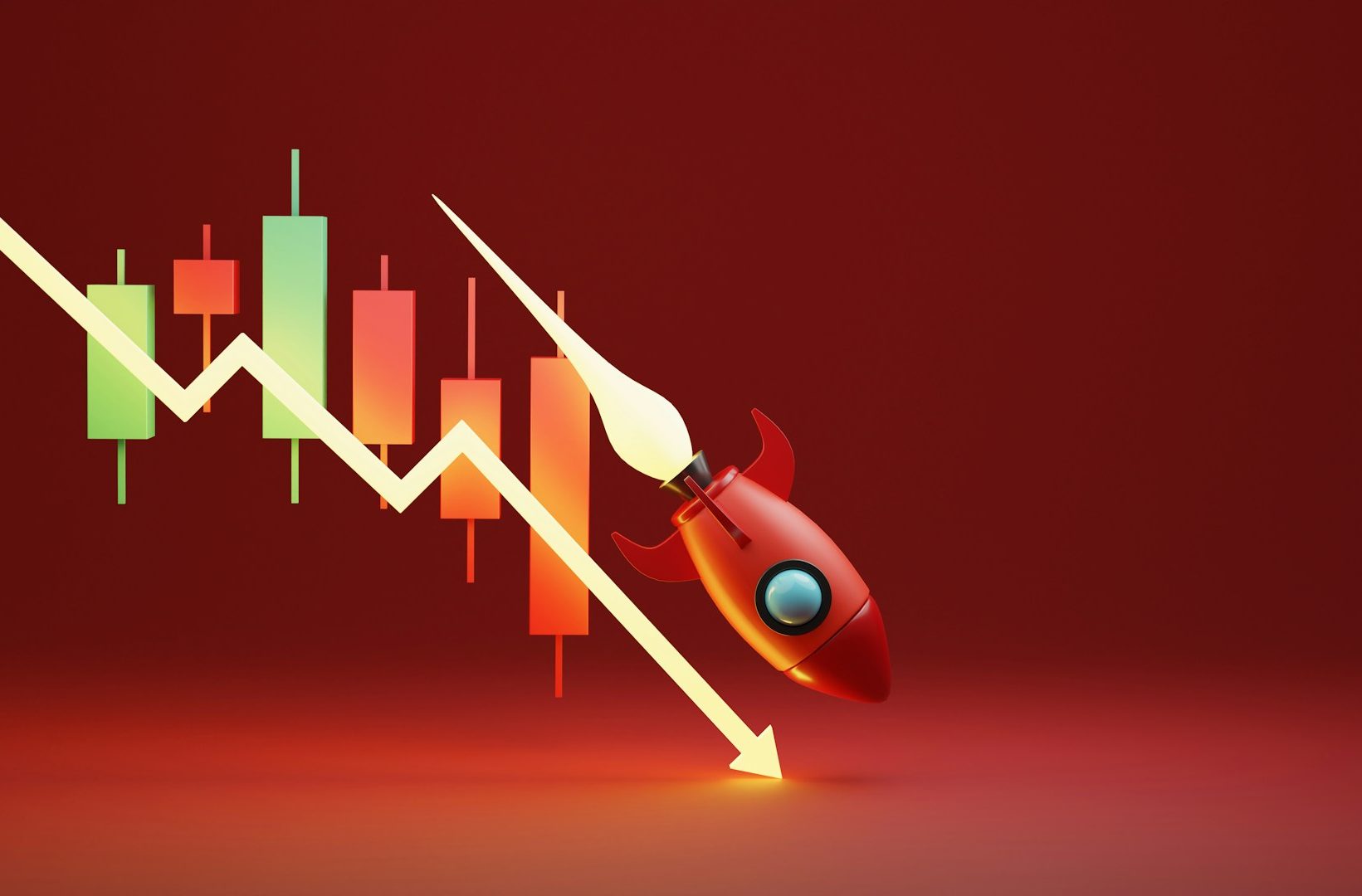 Ein Raketenstift, der auf einen fallenden Kursdiagramm zeigt, vor rotem Hintergrund.