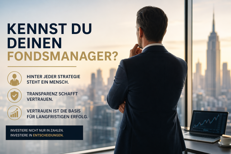 Fondsmanager Mann mit Rückenansicht, Blick auf die New Yorker Skyline und Text zu Fondsmanagement.