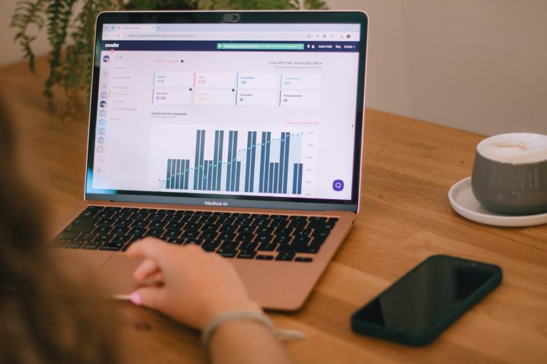 sell-in-may Laptop mit Grafiken auf einem Holztisch, daneben eine Tasse Kaffee und ein Smartphone.