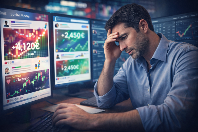 Social Media Mann sitzt vor mehreren Bildschirmen mit Finanzdiagrammen und sieht besorgt aus.