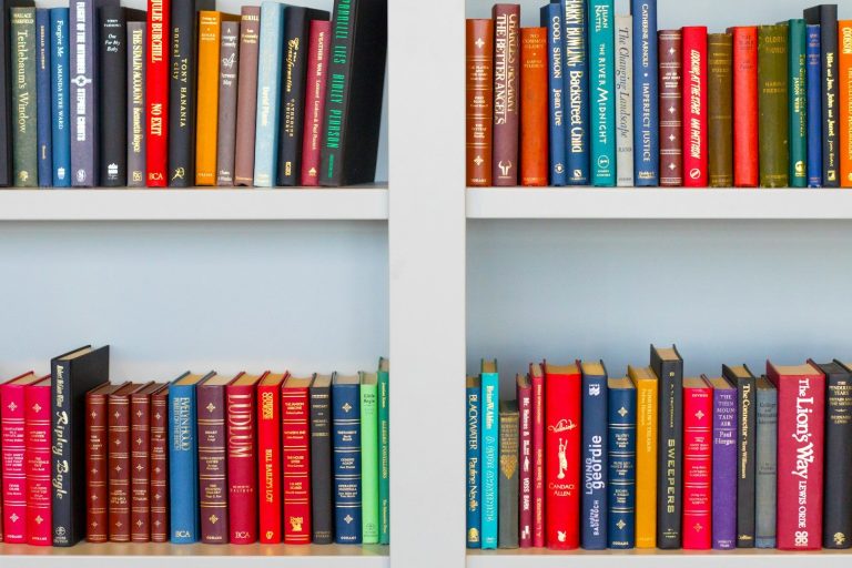 Börsenbücher Bunte Bücherreihen in einem Bücherregal mit verschiedenen Farbvariationen.