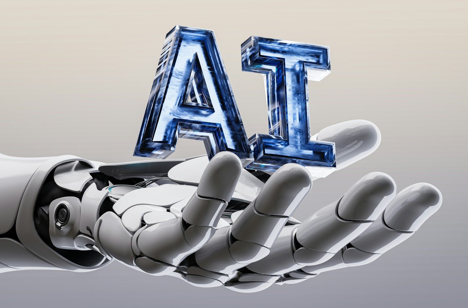 KI Aktienanalyse Eine Roboterhand hält den Schriftzug „AI“ in einem modernen, gläsernen Stil.