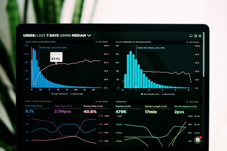 Datenanalyse Datenvisualisierung mit Diagrammen zu Trends und Statistiken, grüne Pflanze im Hintergrund.